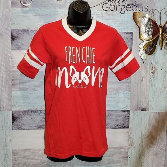 Frenchie Mom Sz Small Red White VNeck Tee T-Shirt Novelty Augusta 924 Bulldog - Picture 5 of 8
